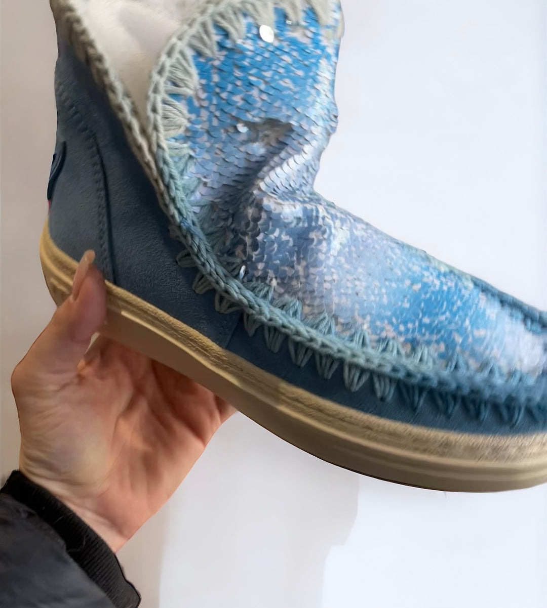 MOU Boot Summer Bold suede degraded stitching, Pailletten Hellblau, ungefüttert