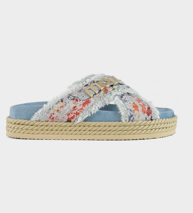 MOU Sandale Criss-cross rope sandal metallic denim