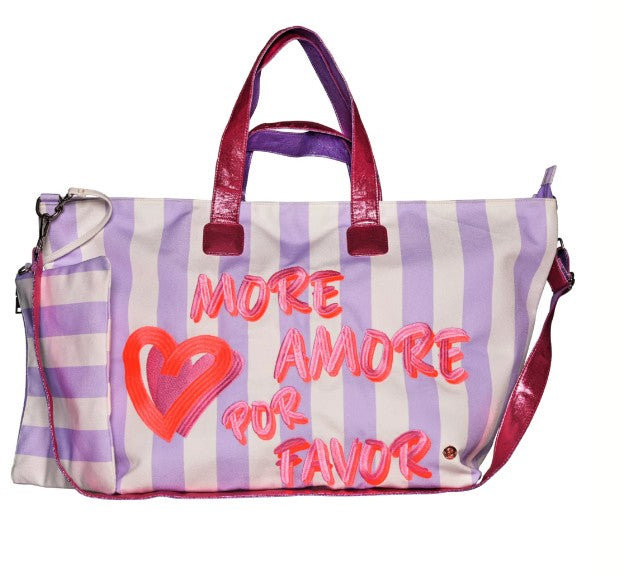 CUTE STUFF Shopper XL MORE AMORE POR FAVOR Streifen Flieder