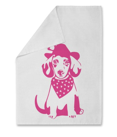 NOBIS GESCHIRRTUCH Dackel mit Hut, Neon Pink, 50x70 cm