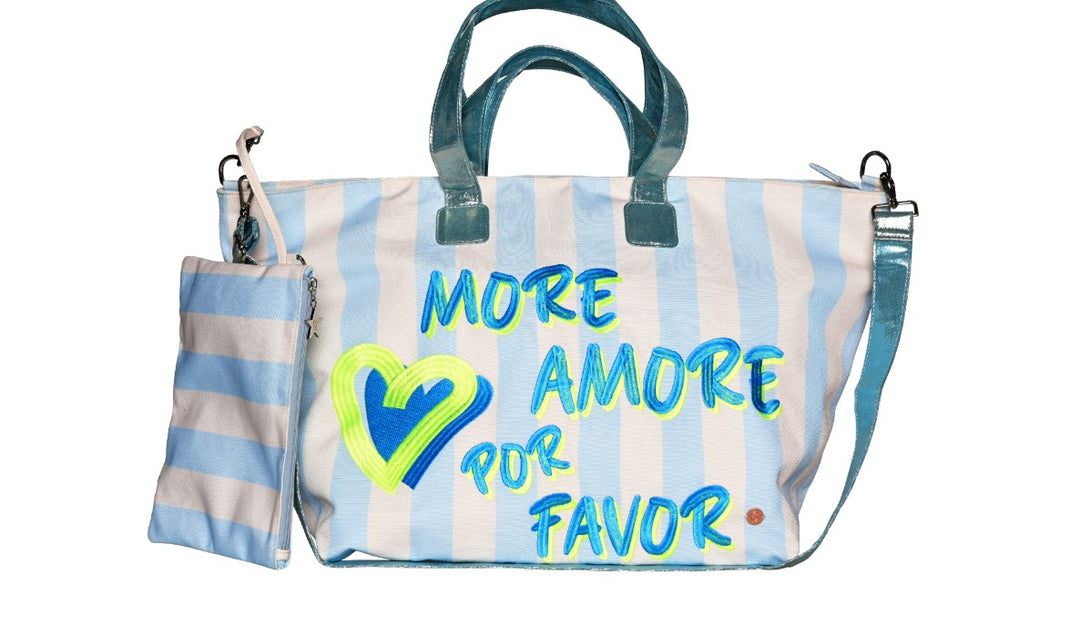 CUTE STUFF Shopper XL MORE AMORE POR FAVOR Streifen Türkis/Hellblau