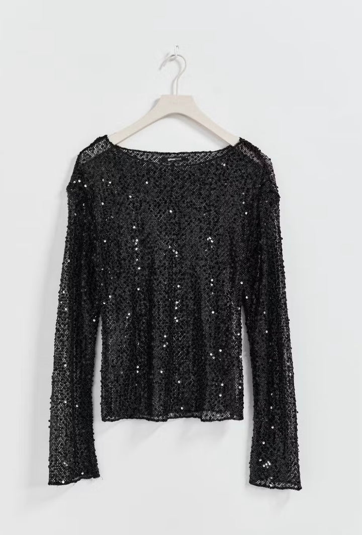 GINA TRICOT Longsleeve, Glitzer, Schwarz