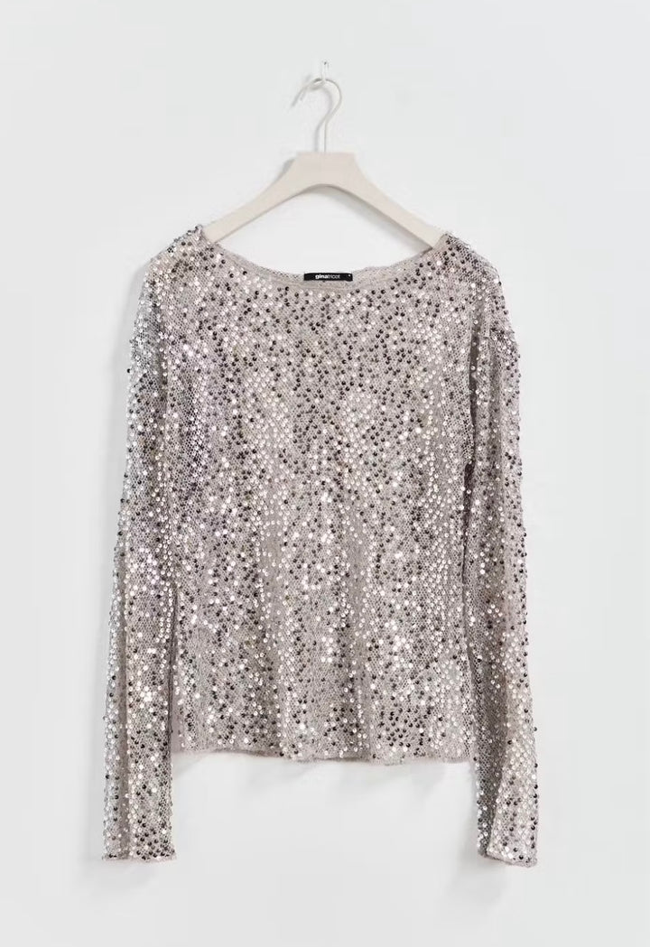 GINA TRICOT Longsleeve, Glitzer, Silber
