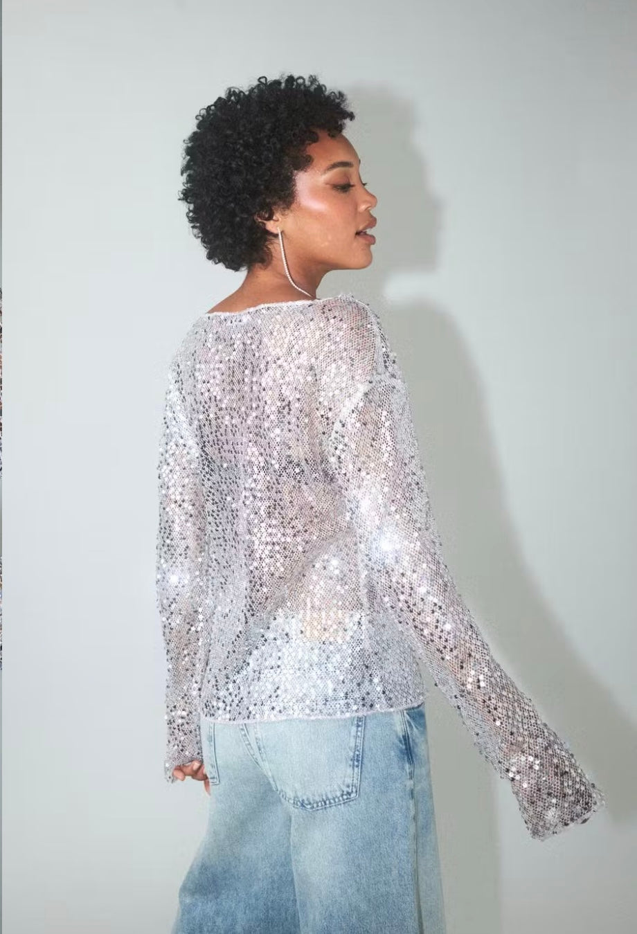 GINA TRICOT Longsleeve, Glitzer, Silber
