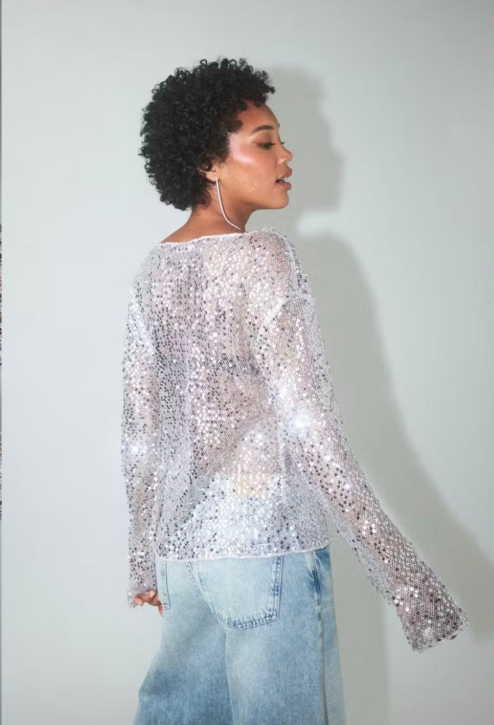 GINA TRICOT Longsleeve, Glitzer, Silber