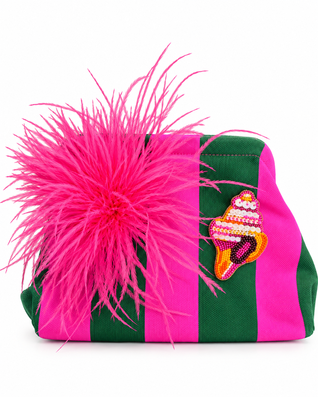 Clutch Pink Grün mit Feder und Muschel-Applikation