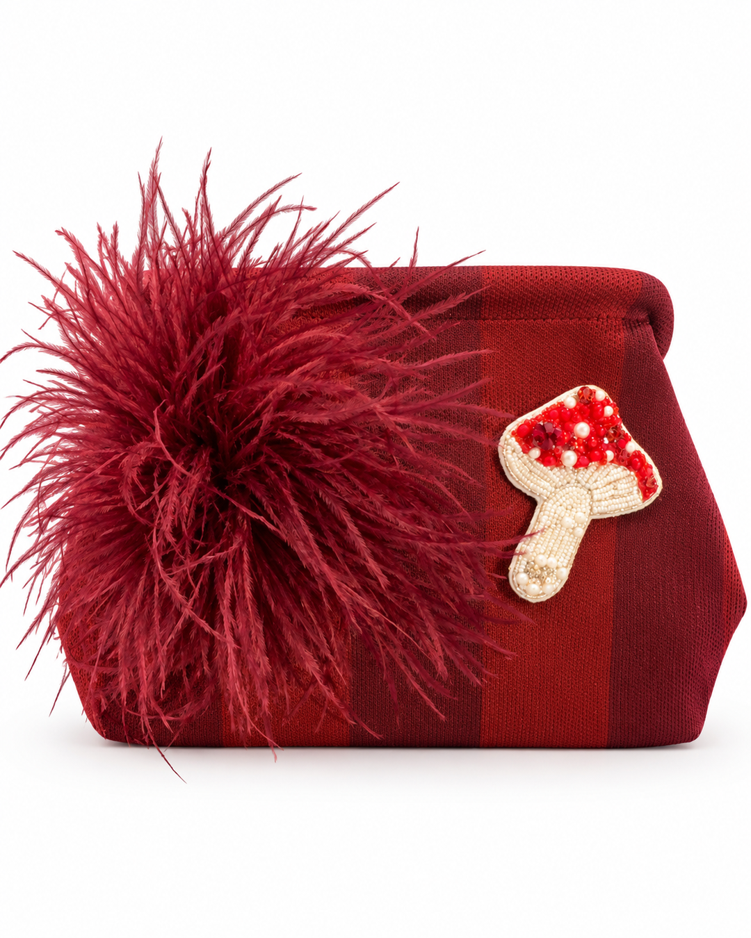 Bordeauxrote Clutch mit Feder und Pilzbrosche
