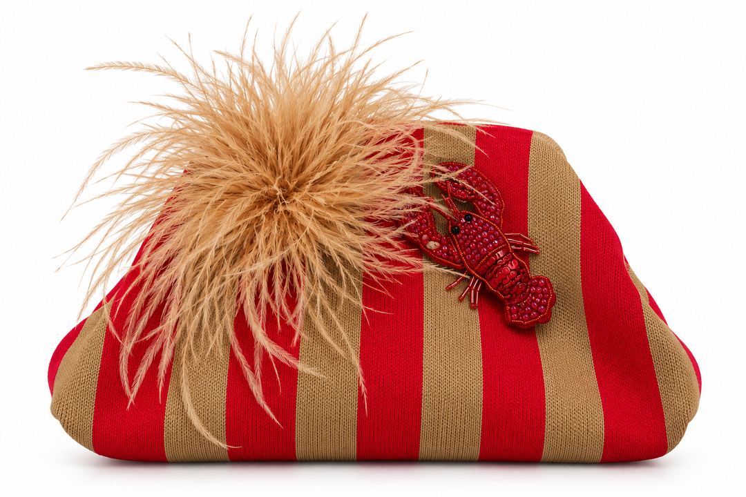 Clutch Tasche rot camel gestreift mit Feder und Hummerbrosche
