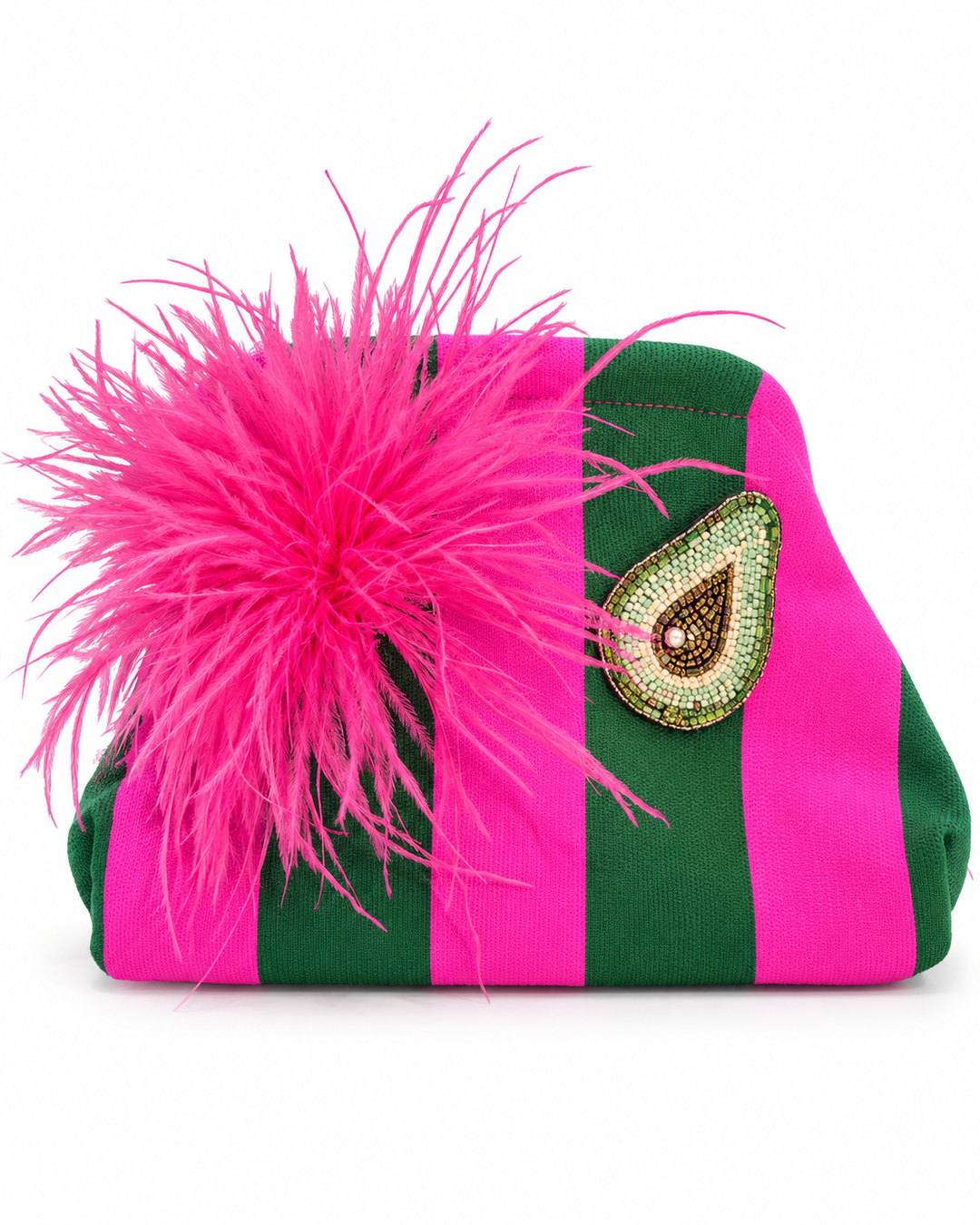 Clutch ST. TROPEZ mit pinker Feder und Avocadobrosche, Pink Grün