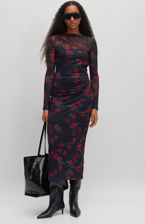 EDITED Kleid Colleen, Farbe Schwarz mit Rosendruck