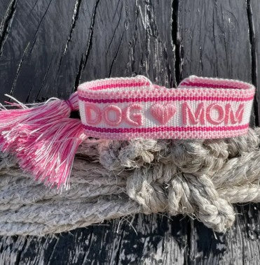 STATEMENT ARMBAND aus Stoff DOG MOM Weiß/Rosa