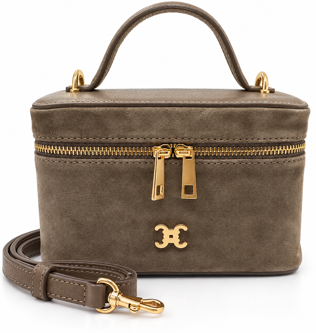 Taupe Echtleder Tasche mit kurzem Henkel, langem Strap und goldfarbenen Details