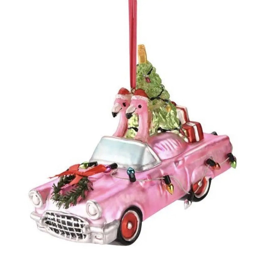 GIFTCOMPANY Christbaumkugel AUTO MIT FLAMINGOS, Farbe Rosa