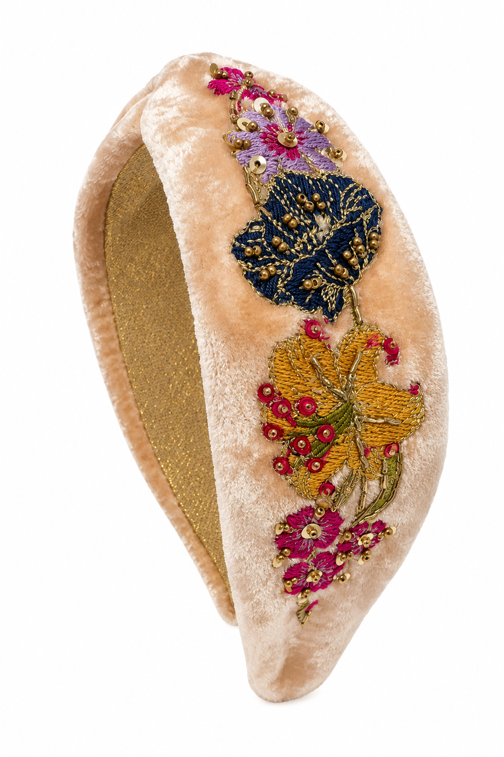 POWDER Haarreif aus cremefarbenem Samt mit bestickten Blumen