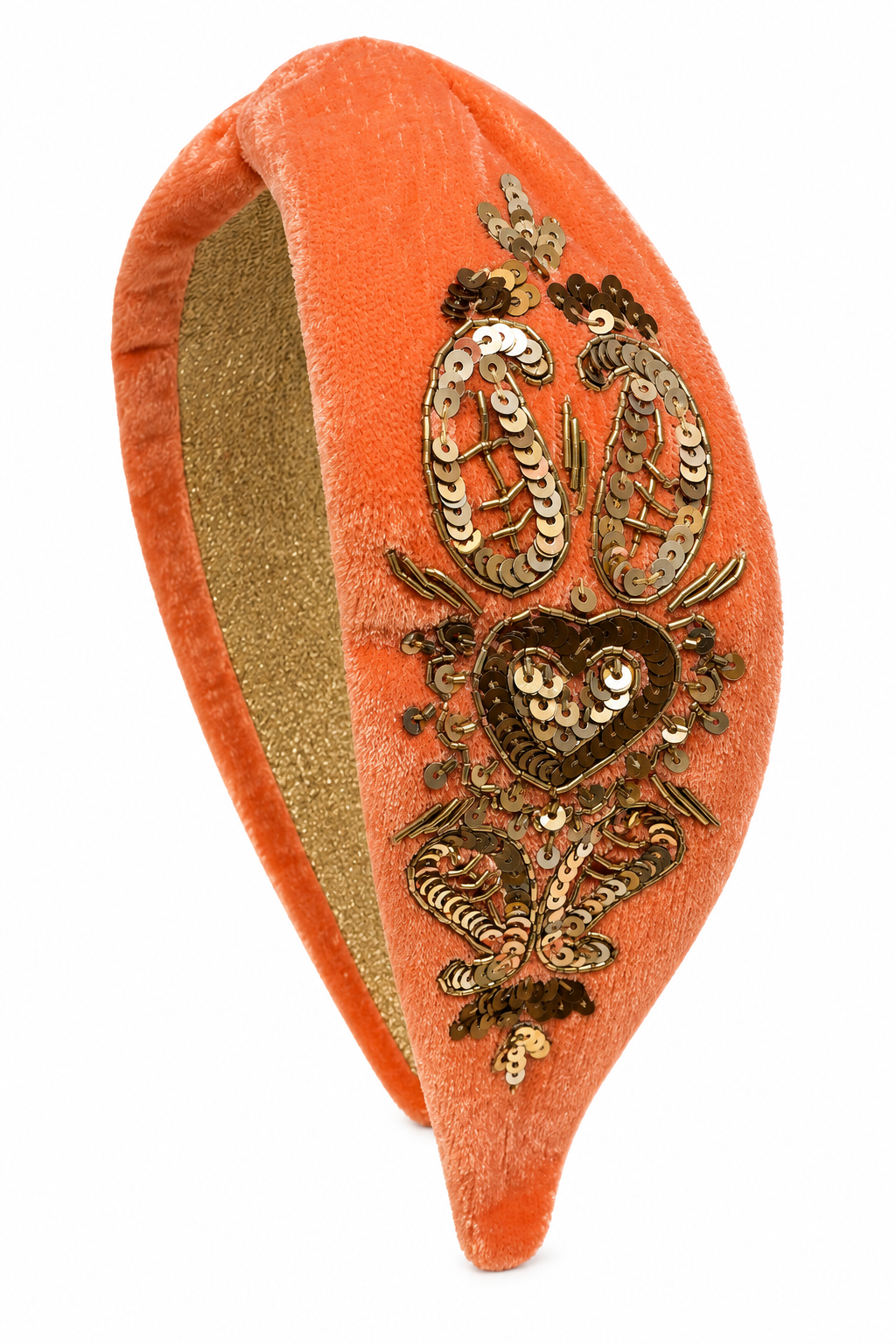 POWDER Haarreif aus korallfarbenem Samt mit goldfarbenem Ornament