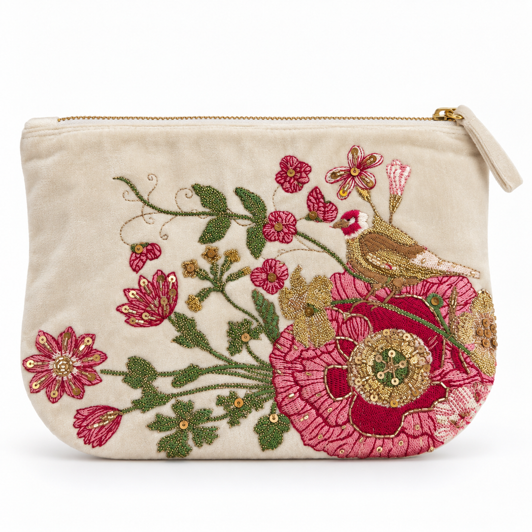POWDER Samttasche Modell klein in Creme mit Vogel- und Blumenstickerei