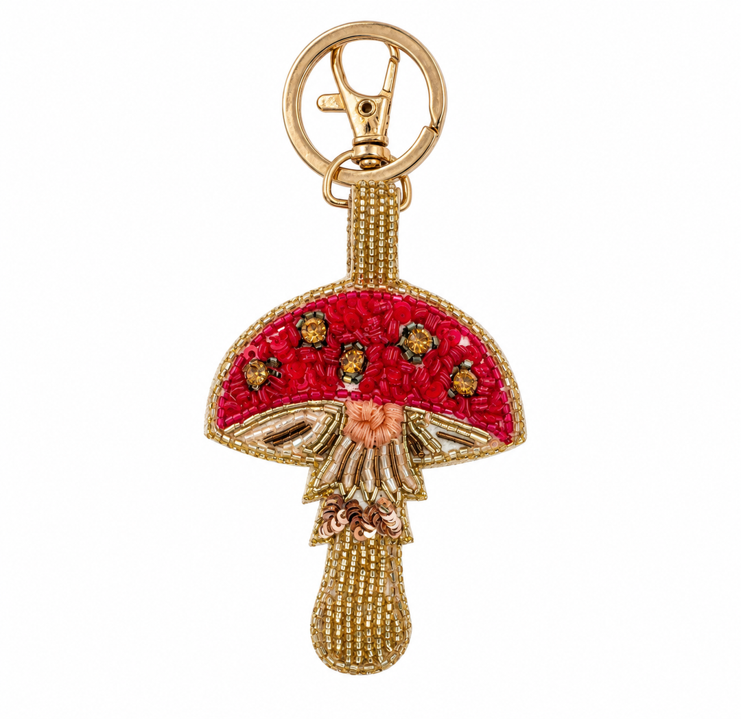 Schlüsselanhänger Pilz mit Glassteinen in Rot und Gold