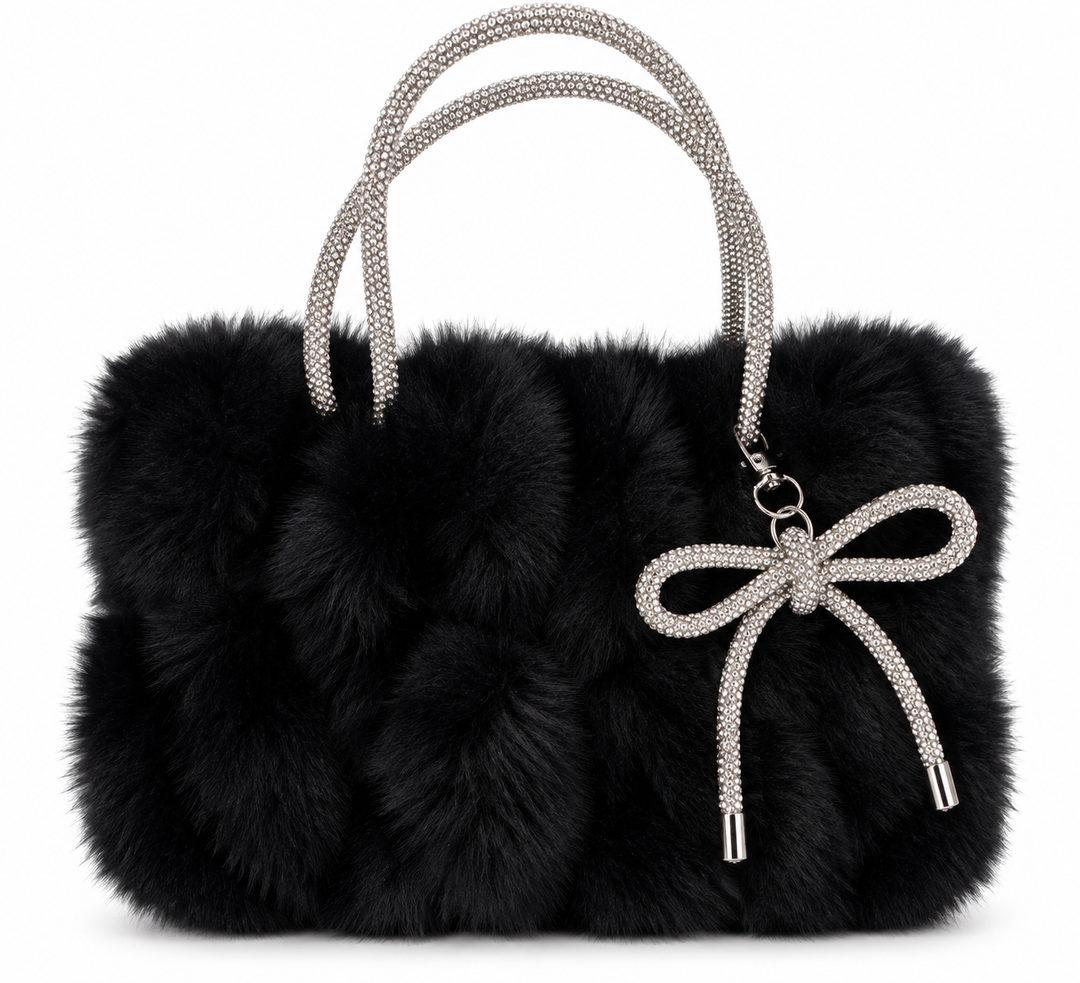 Tasche Courchevel Schwarz mit Glitzerstein-Griffen und Schleife