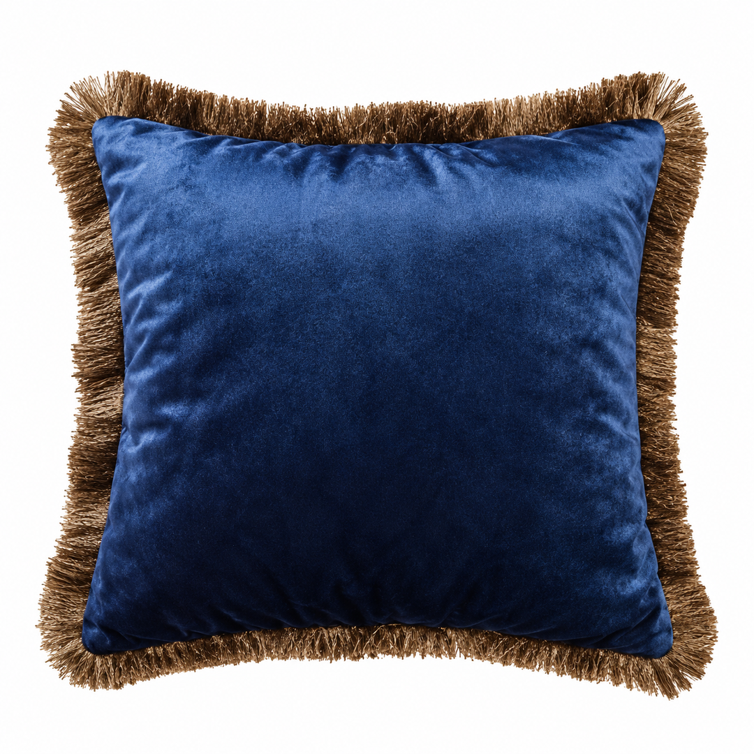 Blaues Zierkissen mit Fransenbordüre
